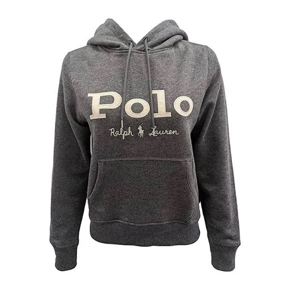 Polo Ralph Lauren Logo Letter Pullover Hoodie Grey Cotton Blend SZ